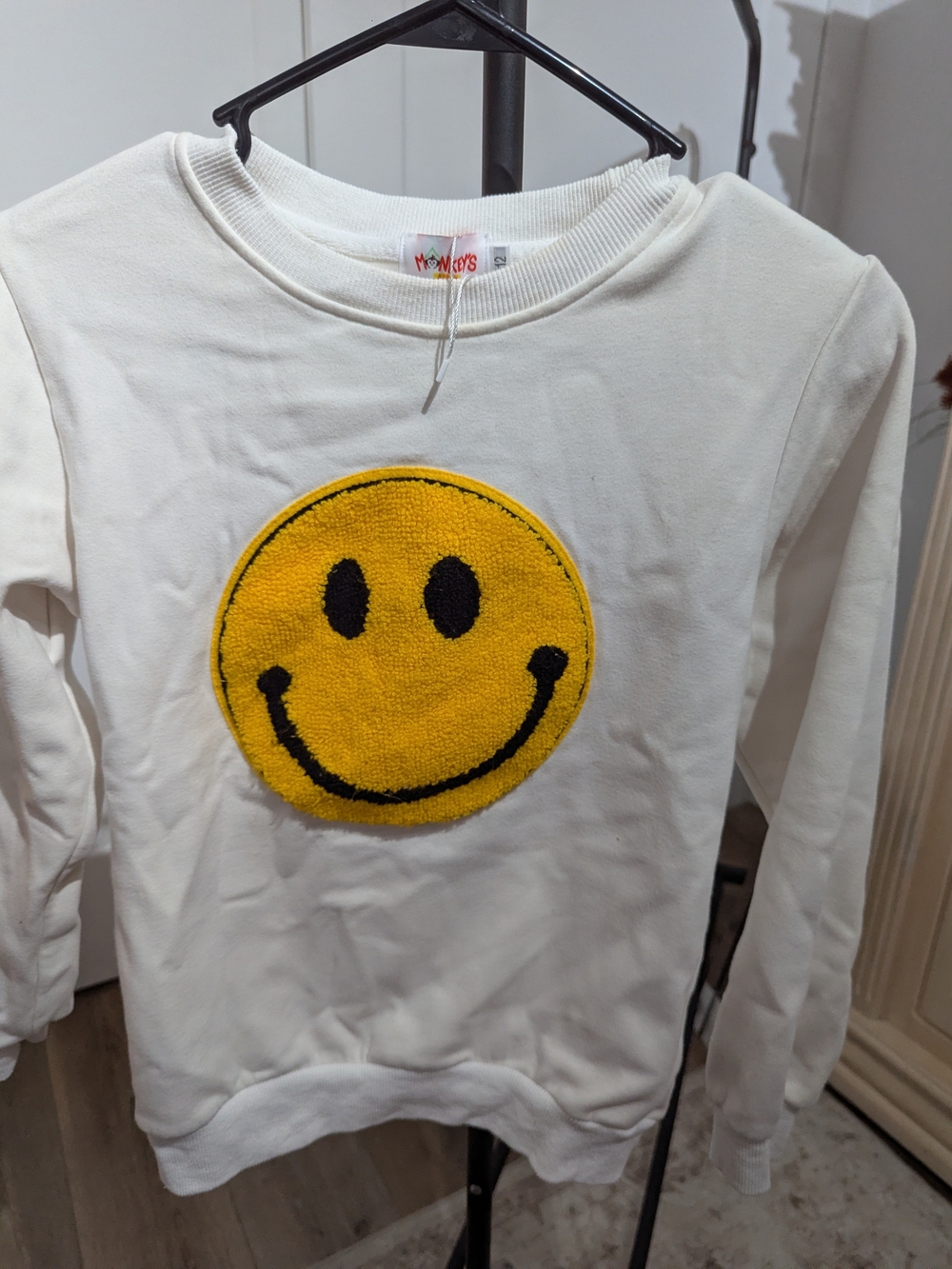 Kids White Sweatshirt with Yellow Smiley Chenille Patch